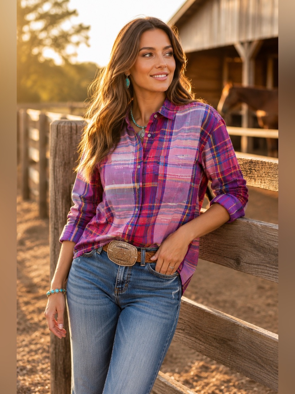 Cruel Girl Western Plaid Pearl Snap Shirt Women’s M Pink Purple Rodeo Cowgirl